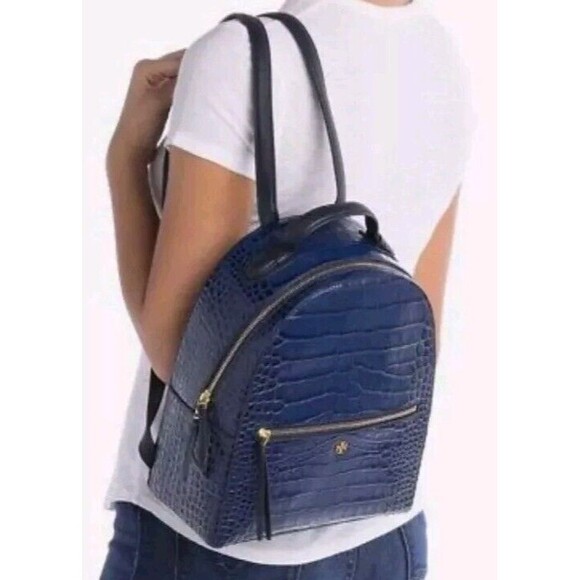 Tory Burch Croc-Embossed Navy Blue Leather Mini Backpack 495$ - Picture 1 of 12